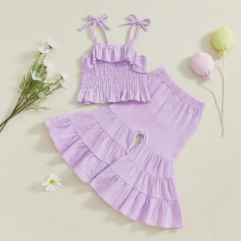 Toddler Baby Girl Smocked Outfit Ruffle Halter Shirt Flared Pants Set Toddler Bell Bottom Outfit Summer Clothes in Kuwait