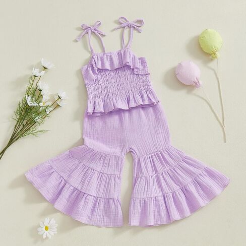 Toddler Baby Girl Smocked Outfit Ruffle Halter Shirt Flared Pants Set Toddler Bell Bottom Outfit Summer Clothes in Kuwait