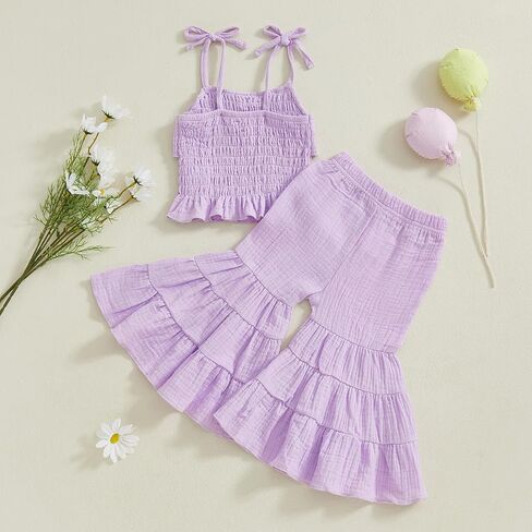 Toddler Baby Girl Smocked Outfit Ruffle Halter Shirt Flared Pants Set Toddler Bell Bottom Outfit Summer Clothes in Kuwait