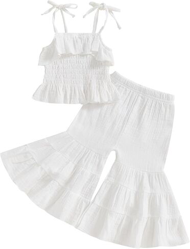 Toddler Baby Girl Smocked Outfit Ruffle Halter Shirt Flared Pants Set Toddler Bell Bottom Outfit Summer Clothes in Kuwait