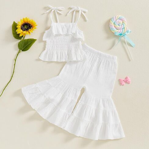 Toddler Baby Girl Smocked Outfit Ruffle Halter Shirt Flared Pants Set Toddler Bell Bottom Outfit Summer Clothes in Kuwait