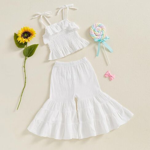 Toddler Baby Girl Smocked Outfit Ruffle Halter Shirt Flared Pants Set Toddler Bell Bottom Outfit Summer Clothes in Kuwait