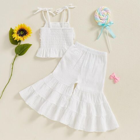 Toddler Baby Girl Smocked Outfit Ruffle Halter Shirt Flared Pants Set Toddler Bell Bottom Outfit Summer Clothes in Kuwait
