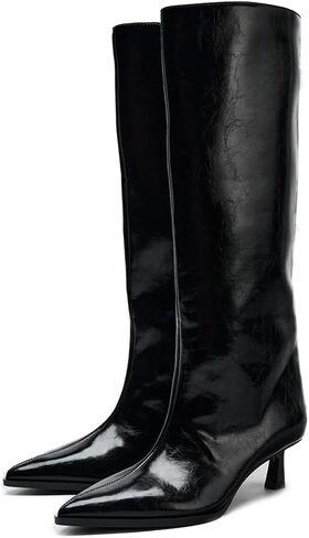 Goolita Burgundy Knee High Boots For Women, Pointed Toe Kitten Heel Wide Calf Boots Cherry Red Slip On Dress Tall Boots in Saudi Arabia