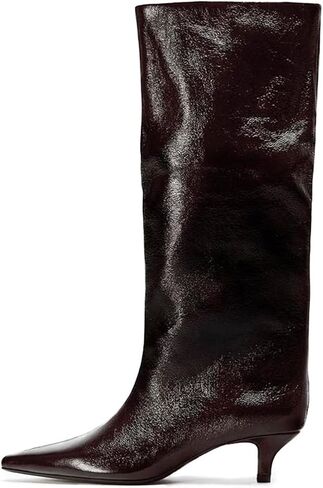 Goolita Burgundy Knee High Boots For Women, Pointed Toe Kitten Heel Wide Calf Boots Cherry Red Slip On Dress Tall Boots in Saudi Arabia