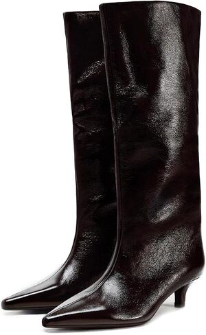 Goolita Burgundy Knee High Boots For Women, Pointed Toe Kitten Heel Wide Calf Boots Cherry Red Slip On Dress Tall Boots in Saudi Arabia