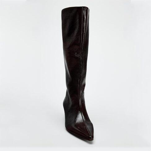 Goolita Burgundy Knee High Boots For Women, Pointed Toe Kitten Heel Wide Calf Boots Cherry Red Slip On Dress Tall Boots in Saudi Arabia