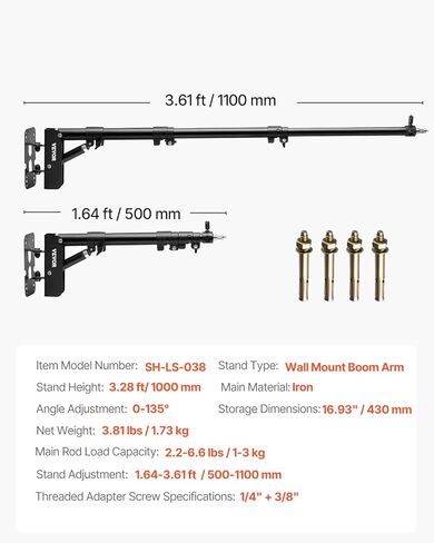 VEVOR Ring Light Wall Mount Boom Arm, 39.37 in/100 cm, Triangle Boom Arm Support 180° Rotation, Heavy Duty Wall Stand Tirpod Support, for Studio Video Light, Monolight, Photography, Softbox, Reflector in Saudi Arabia
