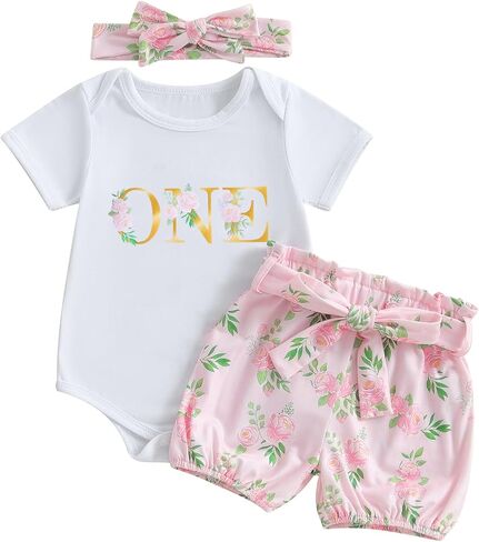 Baby Girl First Birthday Outfit Short Sleeve Flower Print Romper Floral Shorts Cute Summer Birthday Clothes 3Pcs in Kuwait