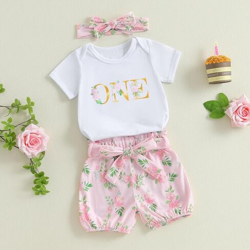 Baby Girl First Birthday Outfit Short Sleeve Flower Print Romper Floral Shorts Cute Summer Birthday Clothes 3Pcs in Kuwait