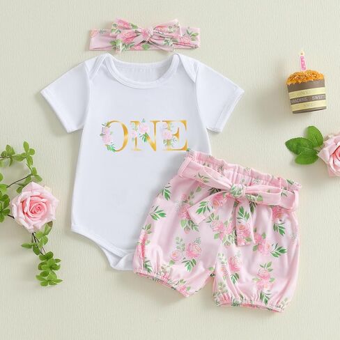 Baby Girl First Birthday Outfit Short Sleeve Flower Print Romper Floral Shorts Cute Summer Birthday Clothes 3Pcs in Kuwait