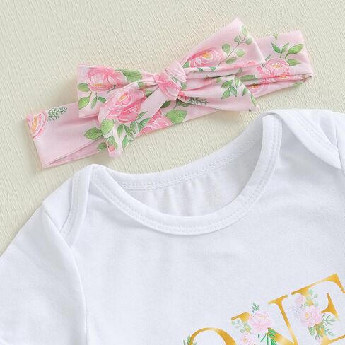 Baby Girl First Birthday Outfit Short Sleeve Flower Print Romper Floral Shorts Cute Summer Birthday Clothes 3Pcs in Kuwait