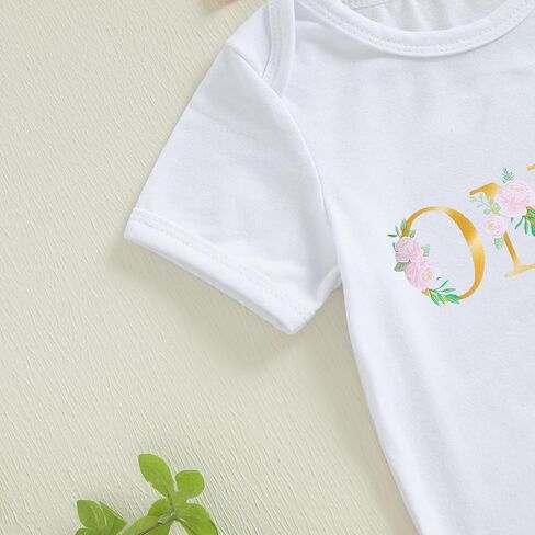 Baby Girl First Birthday Outfit Short Sleeve Flower Print Romper Floral Shorts Cute Summer Birthday Clothes 3Pcs in Kuwait