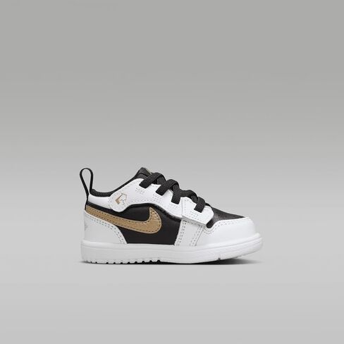 Jordan 1 أحذية الطفل/طفل صغير منخفض (DR9747-172 ، الذهب الأبيض/الأسود/المعدني) الحجم 9 in Kuwait