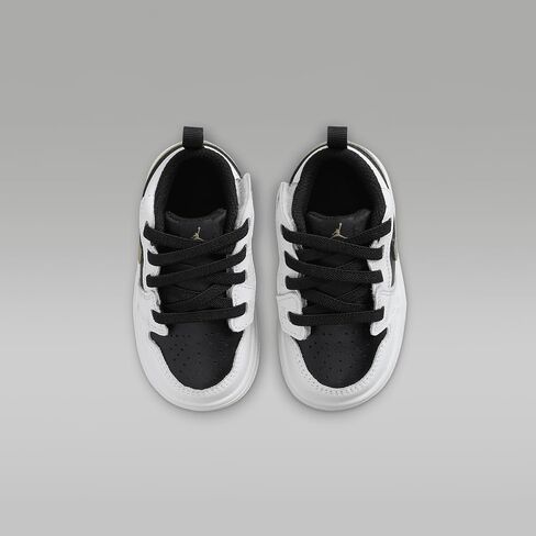 Jordan 1 أحذية الطفل/طفل صغير منخفض (DR9747-172 ، الذهب الأبيض/الأسود/المعدني) الحجم 9 in Kuwait