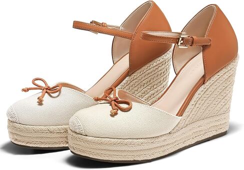 Coutgo Womens Platform Espadrilles Wedge Sandals Closed Cap Toe Bow Tie Ankle Buckle Strap Summer Dress Shoes in Saudi Arabia