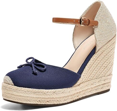 Coutgo Womens Platform Espadrilles Wedge Sandals Closed Cap Toe Bow Tie Ankle Buckle Strap Summer Dress Shoes in Saudi Arabia