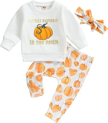 Baby Girl Winter Clothes Pumpkin Crewneck Sweatshirts Flower Sweatpants Headband Toddler Fall Halloween Outfits in Kuwait