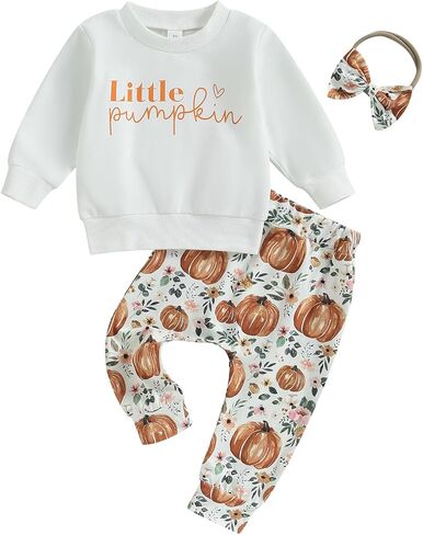 PUHHAPIEY Baby Girl Little Pumpkin Sweatshirt Floral Pants Set | Baby Girl Halloween Clothes Toddler Fall Halloween Outfits Thanksgiving Pullover With Pumpkin Floral Joggers Matching Bow in Saudi Arabia