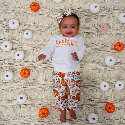 PUHHAPIEY Baby Girl Little Pumpkin Sweatshirt Floral Pants Set | Baby Girl Halloween Clothes Toddler Fall Halloween Outfits Thanksgiving Pullover With Pumpkin Floral Joggers Matching Bow in Saudi Arabia