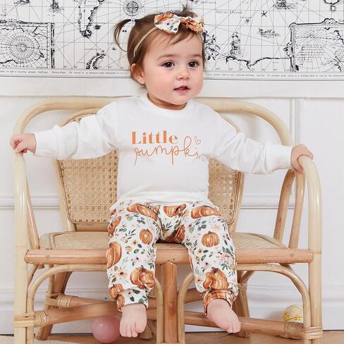 PUHHAPIEY Baby Girl Little Pumpkin Sweatshirt Floral Pants Set | Baby Girl Halloween Clothes Toddler Fall Halloween Outfits Thanksgiving Pullover With Pumpkin Floral Joggers Matching Bow in Saudi Arabia