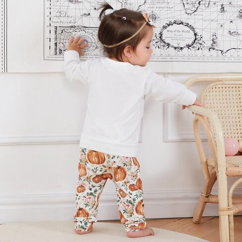 PUHHAPIEY Baby Girl Little Pumpkin Sweatshirt Floral Pants Set | Baby Girl Halloween Clothes Toddler Fall Halloween Outfits Thanksgiving Pullover With Pumpkin Floral Joggers Matching Bow in Saudi Arabia
