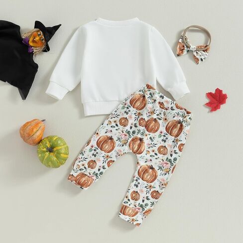PUHHAPIEY Baby Girl Little Pumpkin Sweatshirt Floral Pants Set | Baby Girl Halloween Clothes Toddler Fall Halloween Outfits Thanksgiving Pullover With Pumpkin Floral Joggers Matching Bow in Saudi Arabia