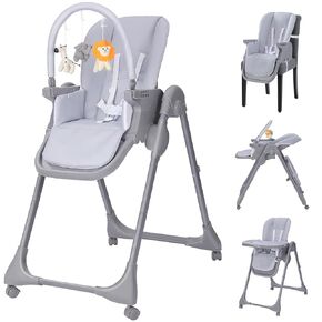 Ezebaby Baby High Chair, Foldable High Chair with Adjustable Heigh and Recline, 2-in-1 Convertible to Dining Booster Seat, Portable High Chair for Toddlers with 4 Wheels and Toy Rack - Grey