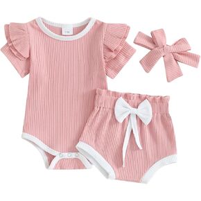 FIOMVA Baby Girl Summer Clothes Solid Onesie Ribbed Romper+Bloomer Shorts+Headband 3Piece Shorts Set Newborn Infant Outfit (Pink Ribbed, 3-6 Months)