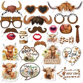 Highland Cow Photo Booth Props, Holy Cow Party Decorationsions, Farm Theme Party Favors Photo Booth Props, Rustic Western Birthday Photography Supplies, Highland Cow Selfie Props with Sticks 25PCS