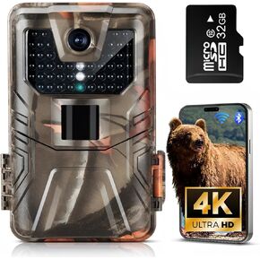 4K 48MP WiFi Trail Camera - Bluetooth Game Camera with Night Vision 0.2sTrigger Motion Activated IP66 Waterproof 130°Wide Angle with 32GB SD Card&Card Reader for Hunting Wildlife Monitoring