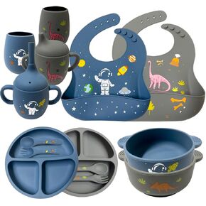 Baby Plates Utensils Set, Baby Feeding Set, Plates and Bowls Set with Adjustable Bib, Suction Bowl, Suction Divided Plate, Straw Cup, First Stage Spoon & Fork