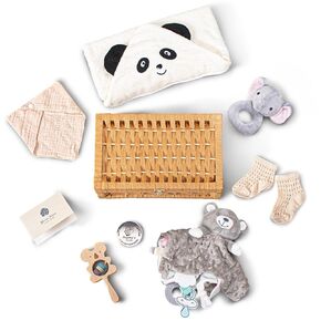 Baby Gifts, 9PCS Baby Girl Gifts Basket Set with Rattle Swaddle Blanket, Multiple Pieces Newborn Essentials for New Baby Christmas Gifts, Baby Shower Gifts with Handmade Rattan Storage Box