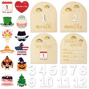 Baby Monthly Milestone - R HORSE 25Pcs Boho Sun 3D Wooden Baby Monthly Milestone Marker Discs, Baby Announcement Sign Festive Decor Baby Shower Christmas Gift Newborn Photography Props for Boys Girls