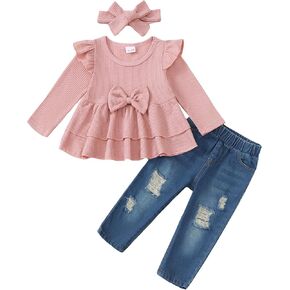 Kucnuzki Baby Girl Clothes Toddler Girl Fall Outfits Winter Long Sleeve Toddler Shirt Top Denim Jeans Pants Clothing Set