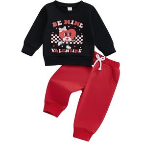Thorn Tree Toddler Girl Valentines Day Clothes Set Bow Heart Printed Sweatshirt Solid Long Pants Winter Spring Outfits