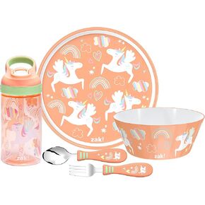 zak! 5-Piece Dinnerware Set, Unicorn - Durable Plastic & Stainless Steel - Includes Water Bottle, 8-Inch Plate, 6-Inch Bowl, Fork & Spoon - Suitable for Kids Ages 3+