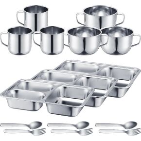 Tioncy 15 Pcs Stainless Steel Kids Dinnerware Set Stainless Steel Divided Plates Cups Bowls Forks and Spoons 3 Compartment Plate Dinner Dish for Babies, Toddlers and Kids Eating Food