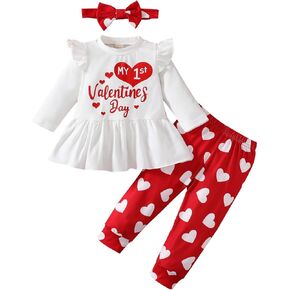 Noubeau My 1st Valentines Day Baby Girl Outfits Ruffle Heart Print Tunic Drees Shirt Stripe Pants Legging Winter Clothes