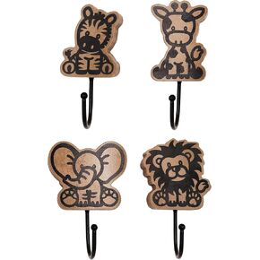 4 Pcs Safari Animal Coat Hooks Kids Wall Hooks Wooden Jungle Animal Theme Decorative Wall Hooks Lion Giraffe Hanger for Kids Room Bathroom Bedroom Nursery