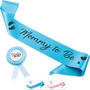 قم بتوسيع نطاق دش الطفل ودبوس الزر للصبي - "Mommy to be" وشاح و "أبي ليكون" مع شريط أزرق جميل ونص لامع أسود - أمي مثالية وأبي هدية للكشف عن الجنس/استحمام الطفل