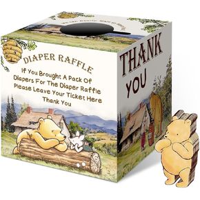 Classic Winnie Baby Shower Diaper Raffle Tickets, the Pooh Baby Shower Diaper Raffle Box for the Parents-to-be, Winnie Diaper Raffle Box with 50Pcs Writing Cards, Party Favors Decorations Supplies