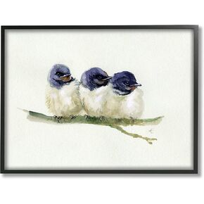Stupell Industries Trio of Baby Swallows Birds Perched on Branch, Designed by Verbrugge Watercolor Black Framed Wall Art, 11 x 14, Blue
