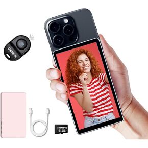 Snambol CP5 5" Touch Screen Rear Camera Selfie Monitor Alloy Shell iPhone Mini Monitors for iPhone Android Phone Vlogging with Magnetic Silicone Pink Case, Bluetooth Remote