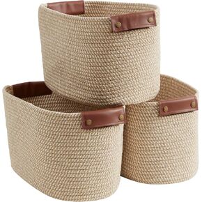 3 Pack Cotton Rope Storage Basket Woven Shelf Storage Bin with Faux Leather Handles, Decorative Closet Shelf Woven Basket for Storage Organizers, 15 x 10 x 9, Multi-Brown