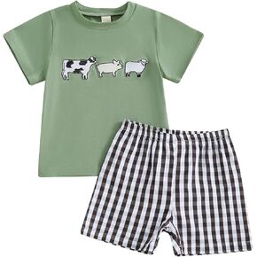 Toddler Baby Boy Summer Outfits Animal Print Short Sleeves T-Shirt Infant Embroidery Plaid Shorts Set 2 Piece in Kuwait