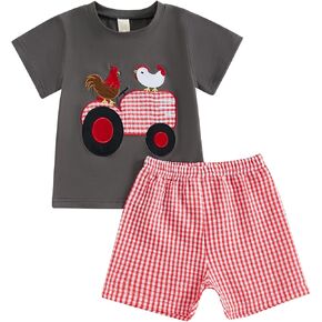 Toddler Baby Boy Summer Outfits Animal Print Short Sleeves T-Shirt Infant Embroidery Plaid Shorts Set 2 Piece