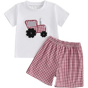 FIOMVA Toddler Baby Boy Summer Clothes Infant Tractor Outfits Cute Kids Short Sleeve T Shirt Plaid Shorts Clothing Set