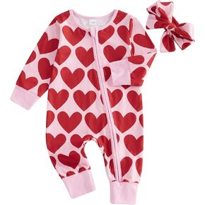 Suolongsama My First Valentines Day Baby Girl Outfit Newborn Long Sleeve Zipper Jumpsuit Heart Romper with Headband