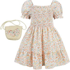 AGQT Toddler Girls Floral Dress Square Neck Puff Sleeve A-Line Smocked Dress with Bag Toddler Girls Summer Dress 12M-7T